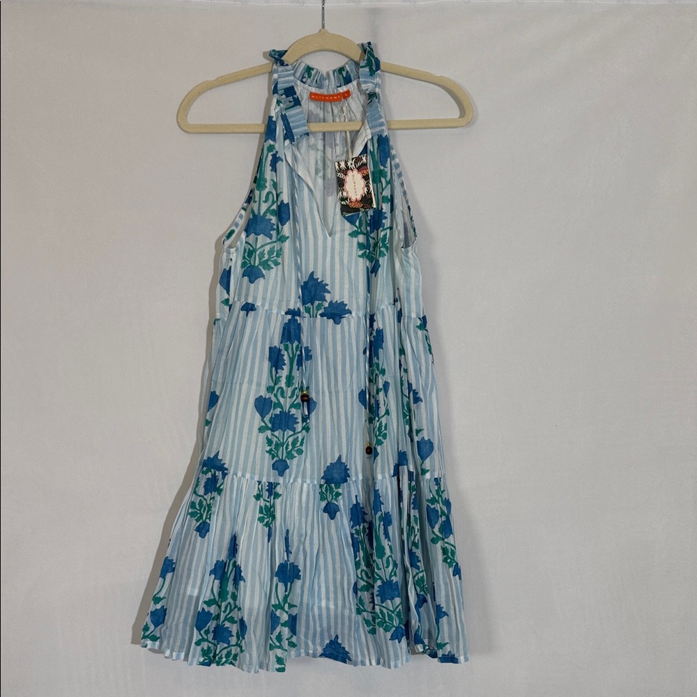 NWT Oliphant Sleeveless Tiered Mini Dress Size L Jaipur Blue Stripe Block Print